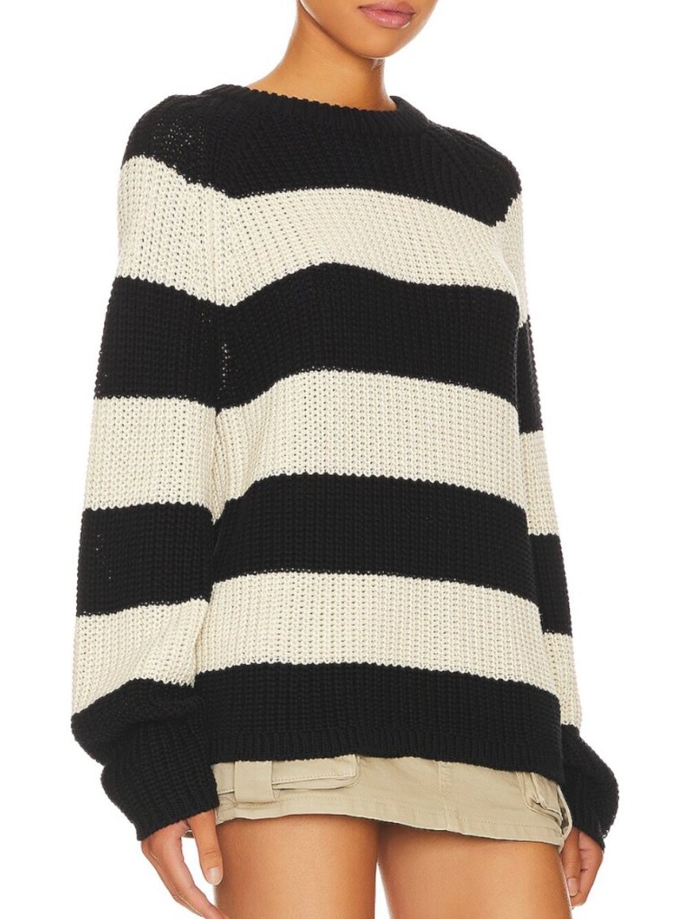 Velvet by Graham & Spencer Striped Black Ivory Oversized Cotton Sweater Knit S